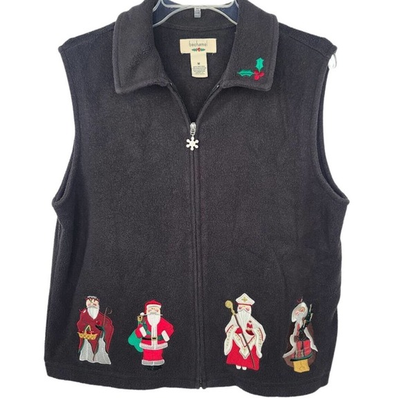 Bechamel Father Christmas Fleece Sweater Vest Medium Santa Black VTG Teachercore - Picture 1 of 13